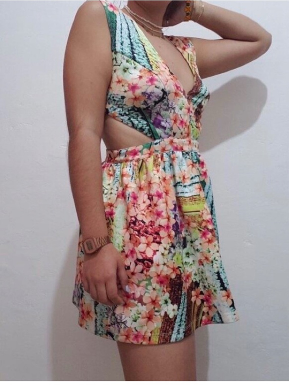 Main Strip Floral Multicolor Cutout Mini Dress